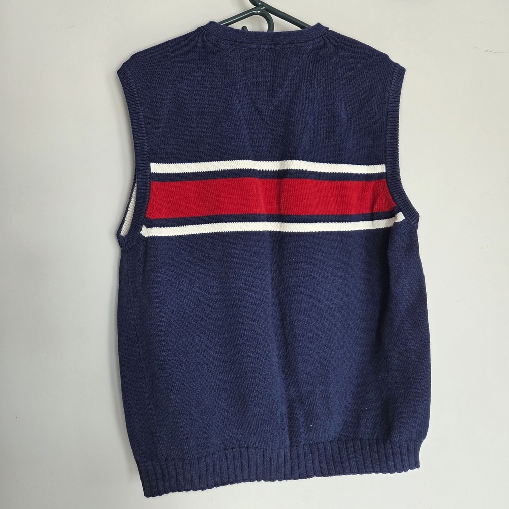 Tommy Hilfiger XL Mens Cable Knit Dark Blue V-Neck Sweater Vest - 100% Cotton - Picture 3 of 4